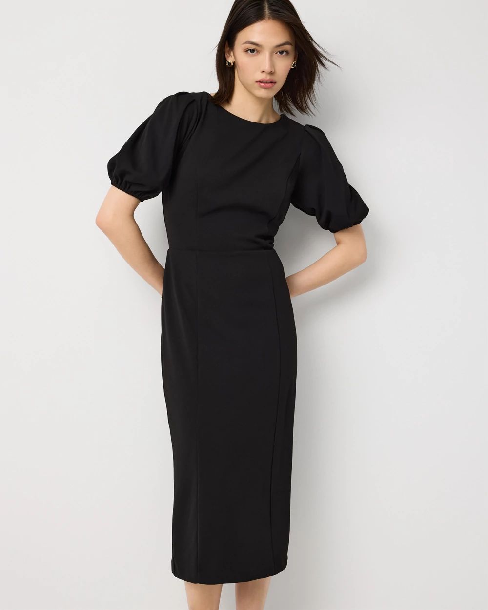 Petite Puff Sleeve Midi Sheath Dress