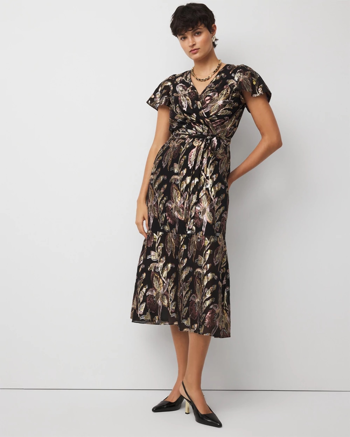 White House Black Market Metallic Floral Surplice Midi Dress Size 6 |