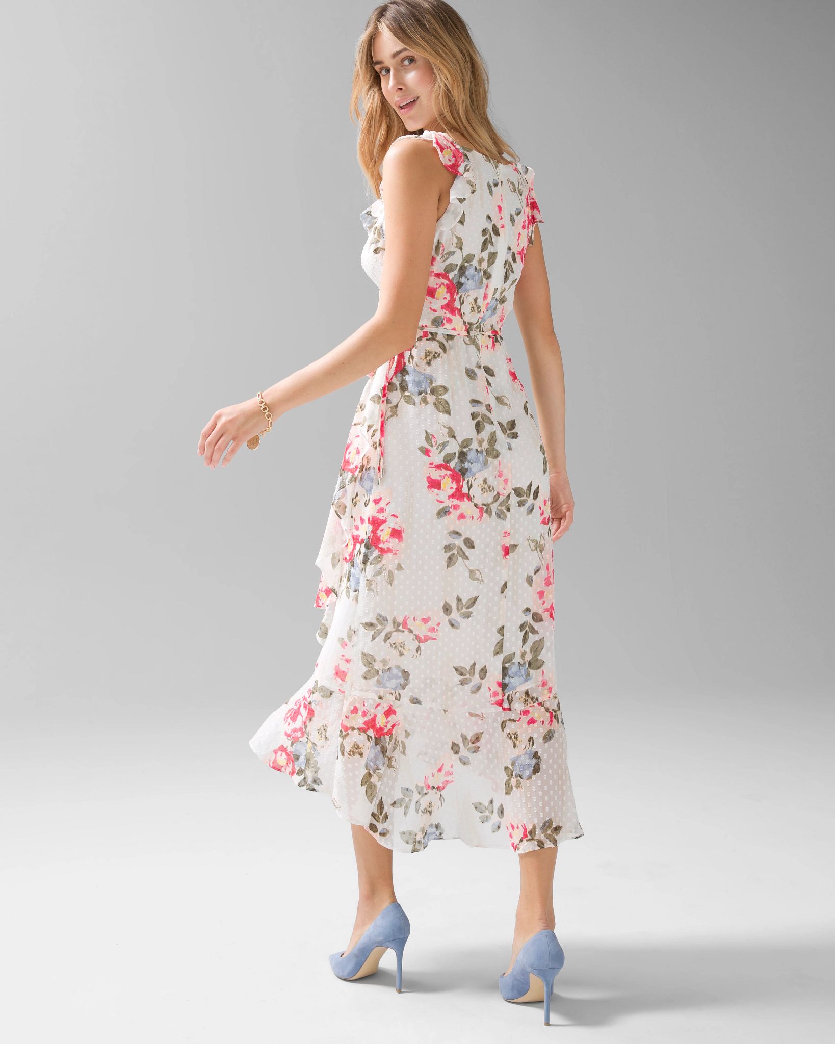 Clip Dot Chiffon Ruffled Wrap Dress