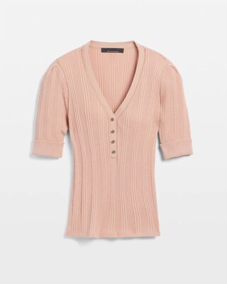 Cashmere Blend Elbow-Sleeve Henley Sweater
