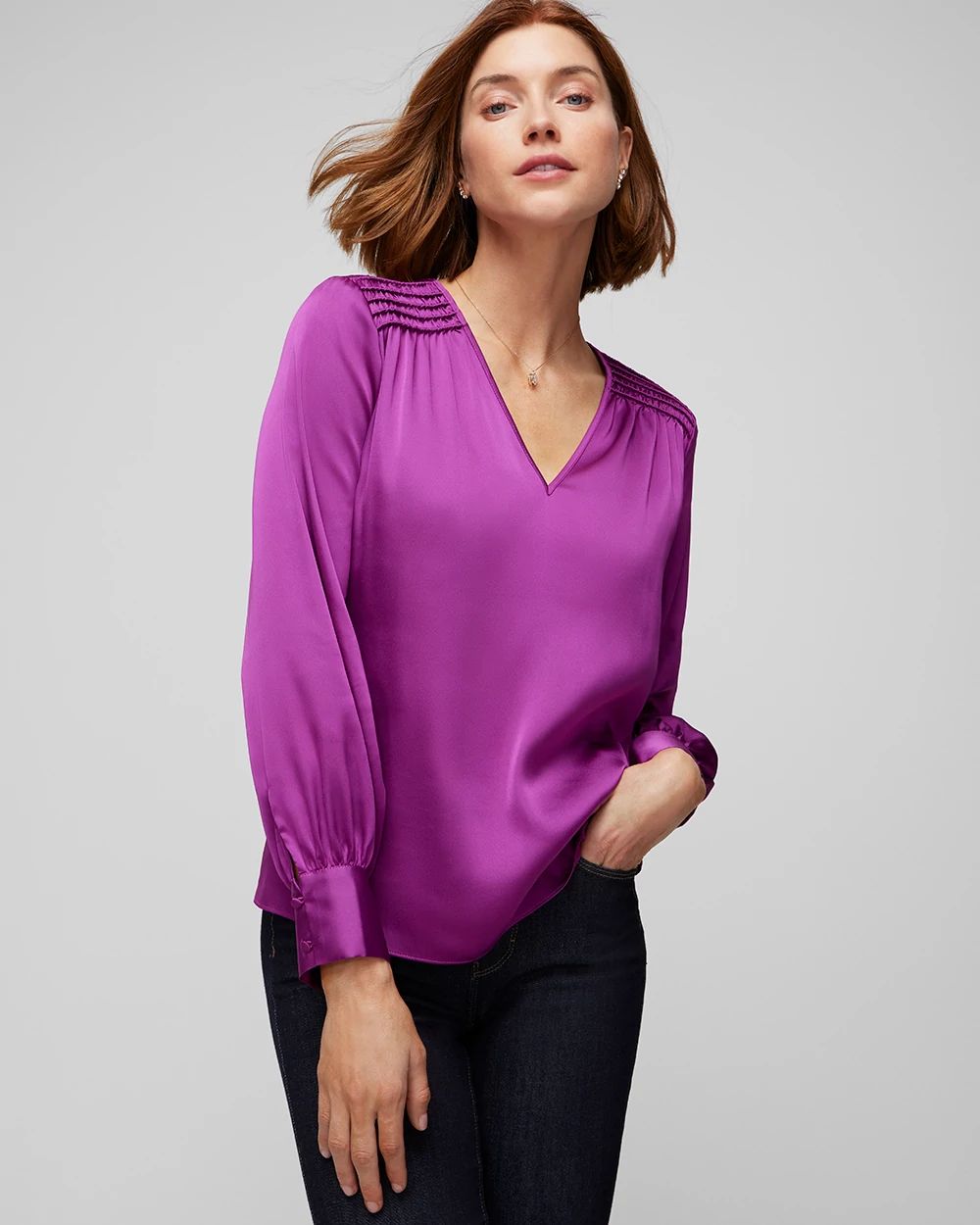 Smocked Shoulder Satin Blouse