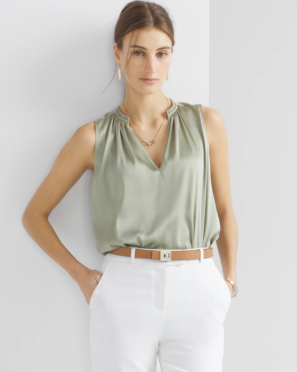 Sleeveless Ruched V-Neck Shell Top