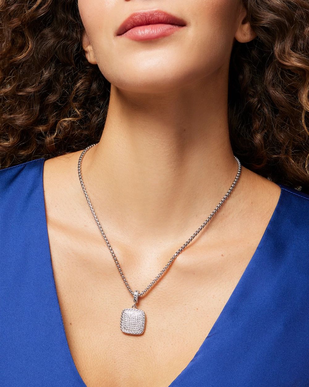 Silver Pave Square Pendant Necklace