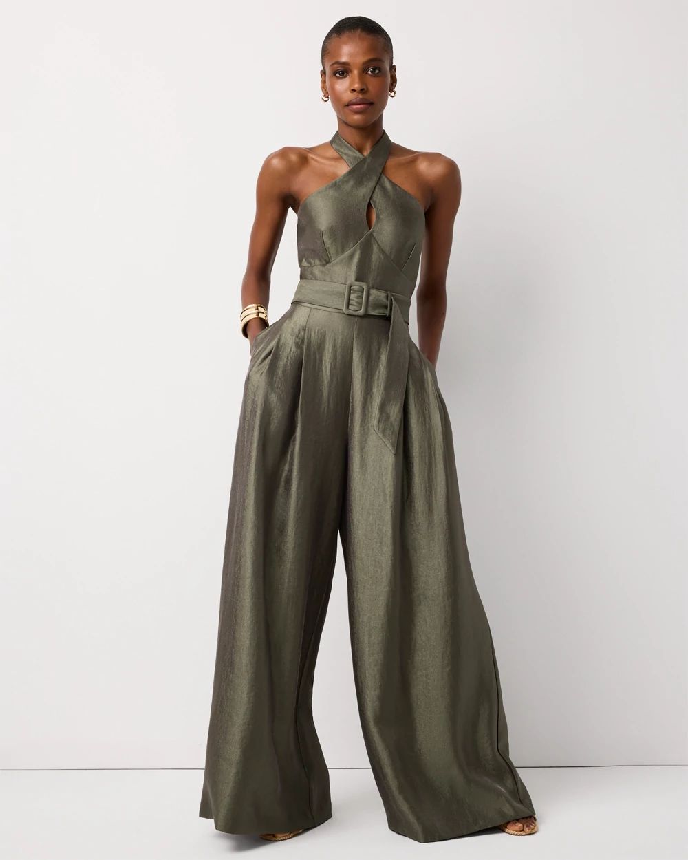 Petite Belted Halter Jumpsuit