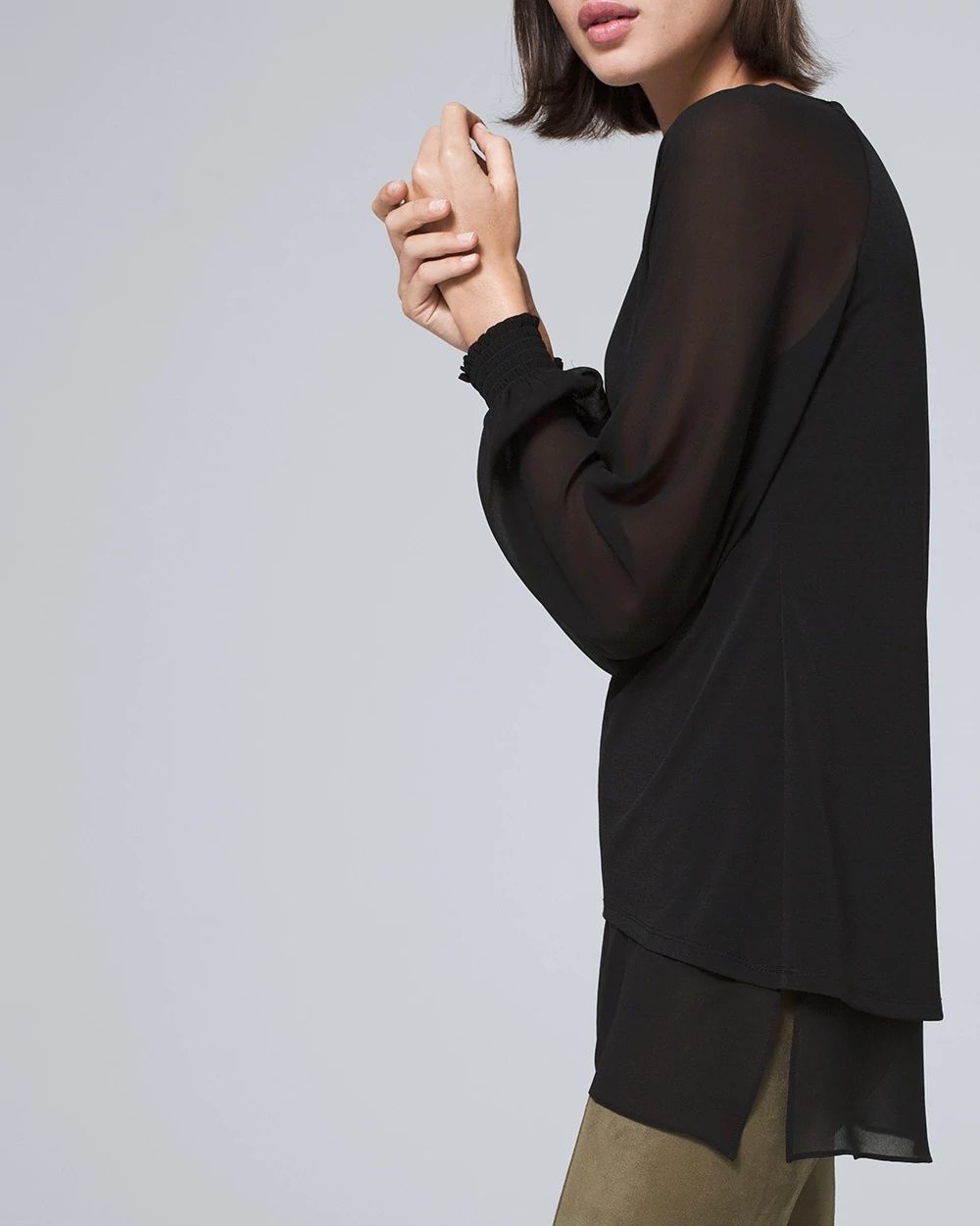 Blouson-Sleeve Woven Knit Tunic click to view larger image.