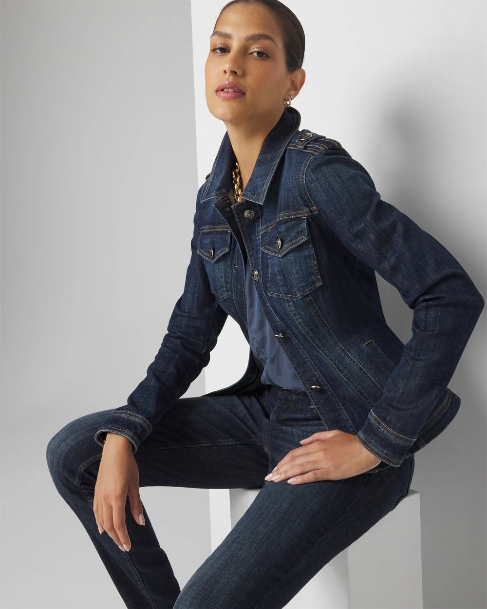 Button-Shoulder Denim Jacket click to view larger image.