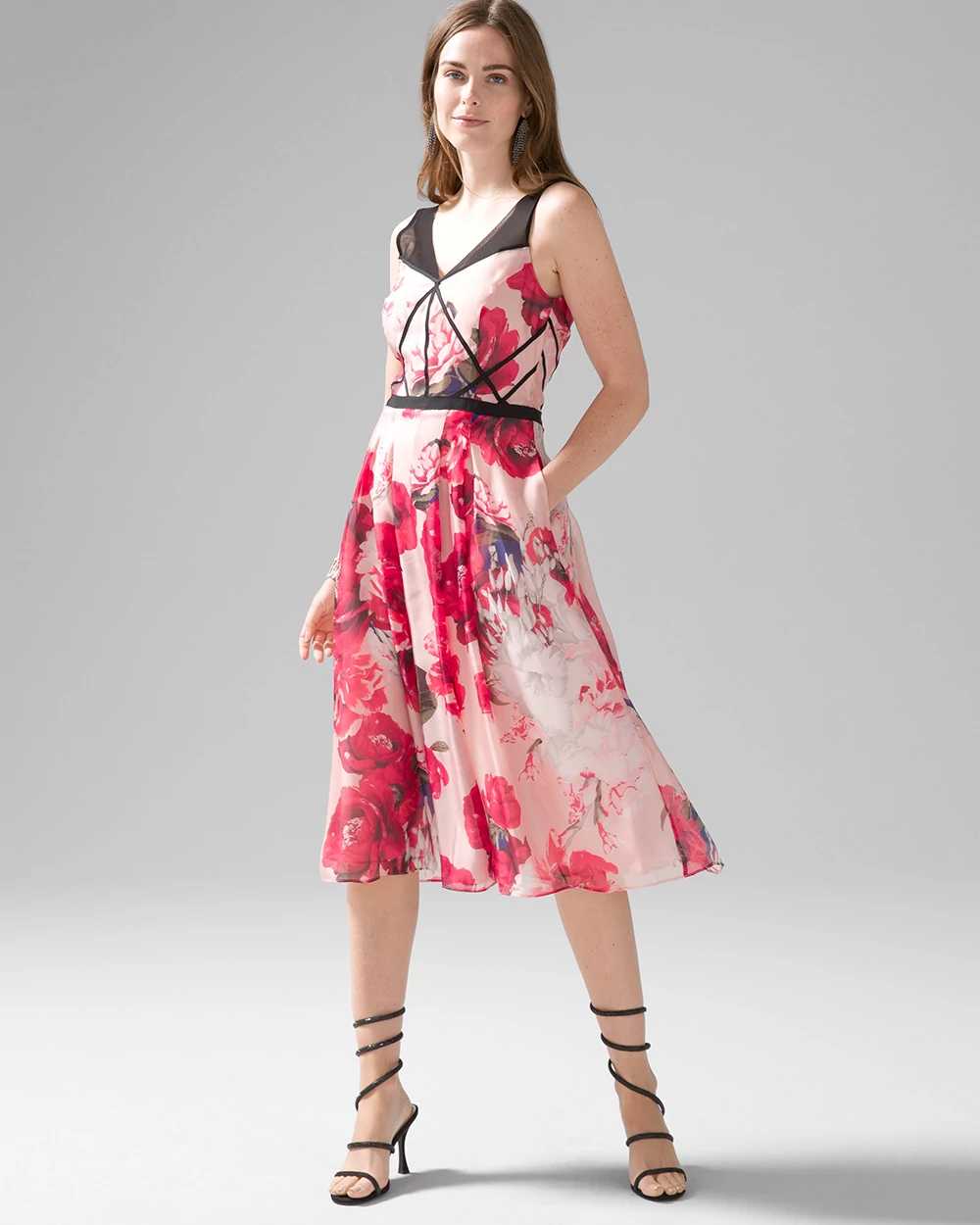 Petite Short-Sleeve Floral Organza Midi Dress