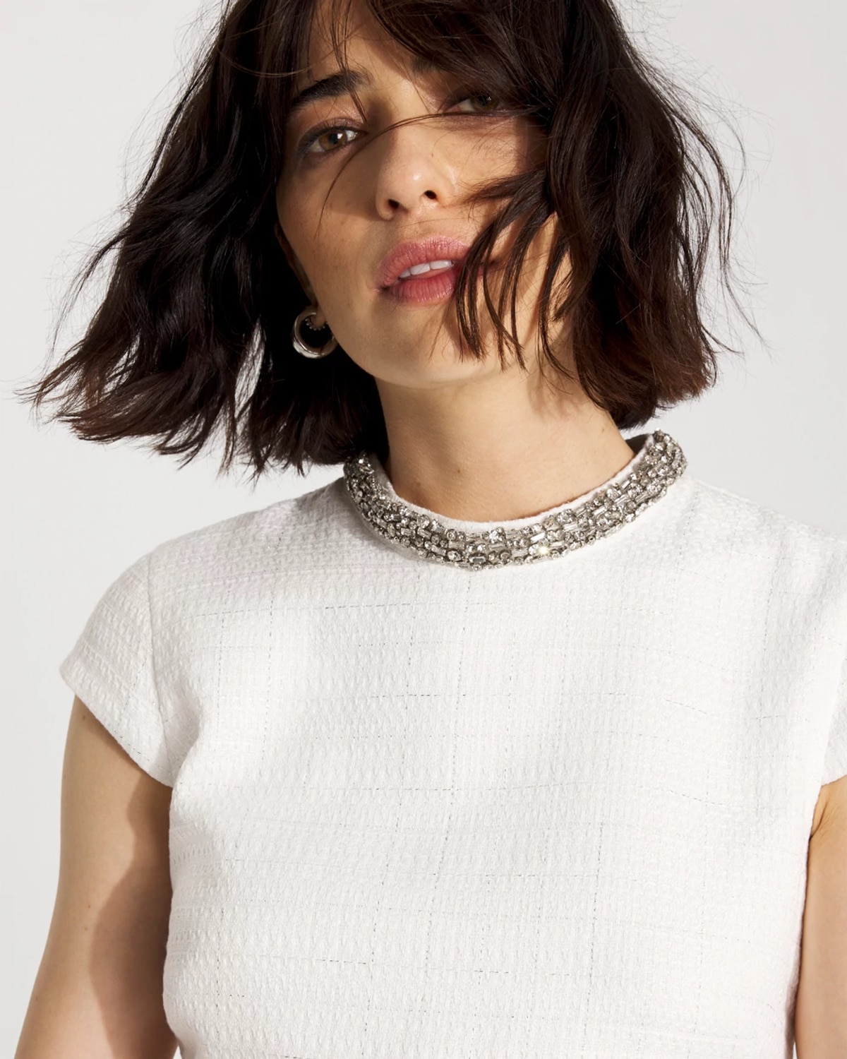 White House Black Market Embellished Tweed Mini Dress In White