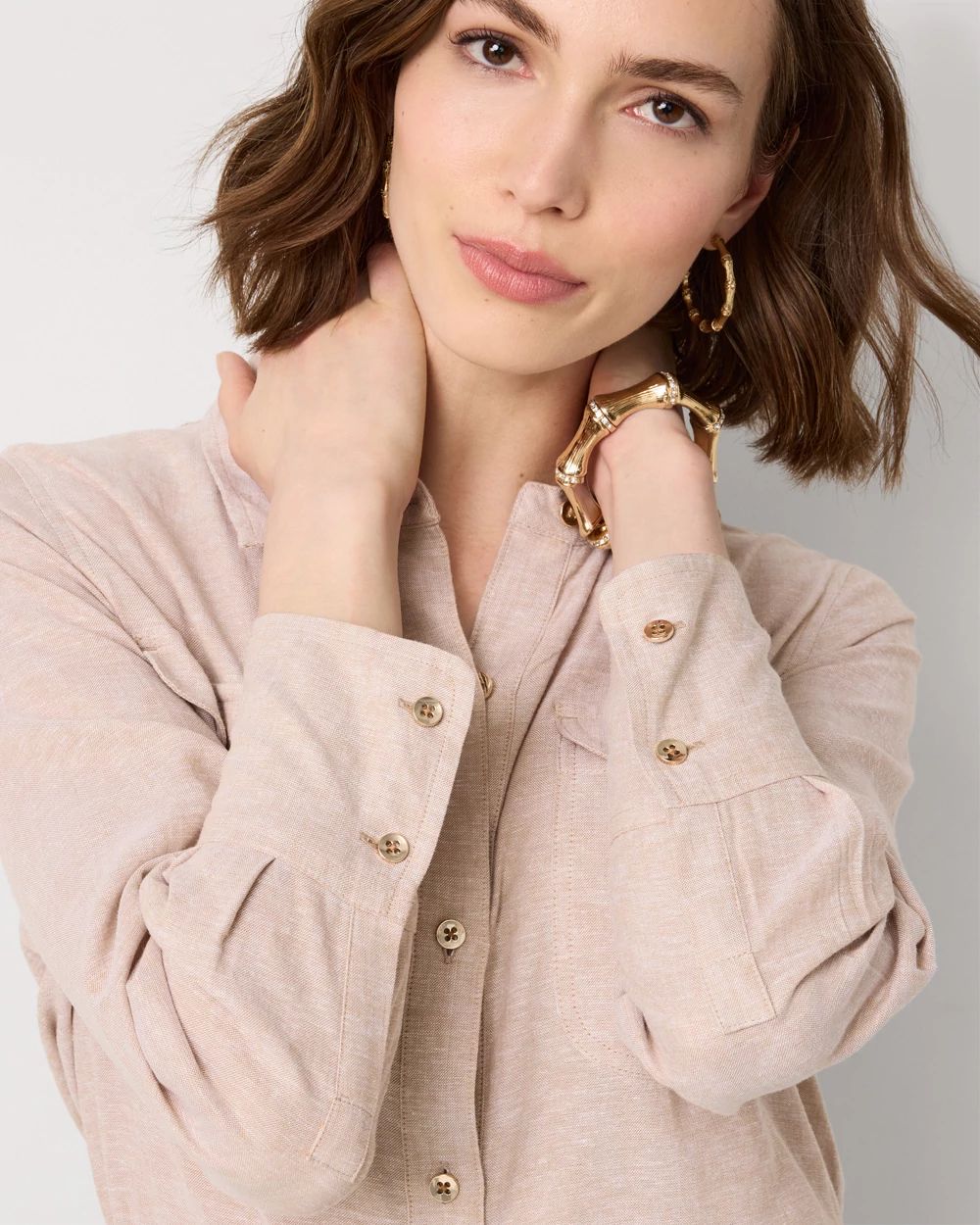 Petite Linen-Blend Button Front Shirt