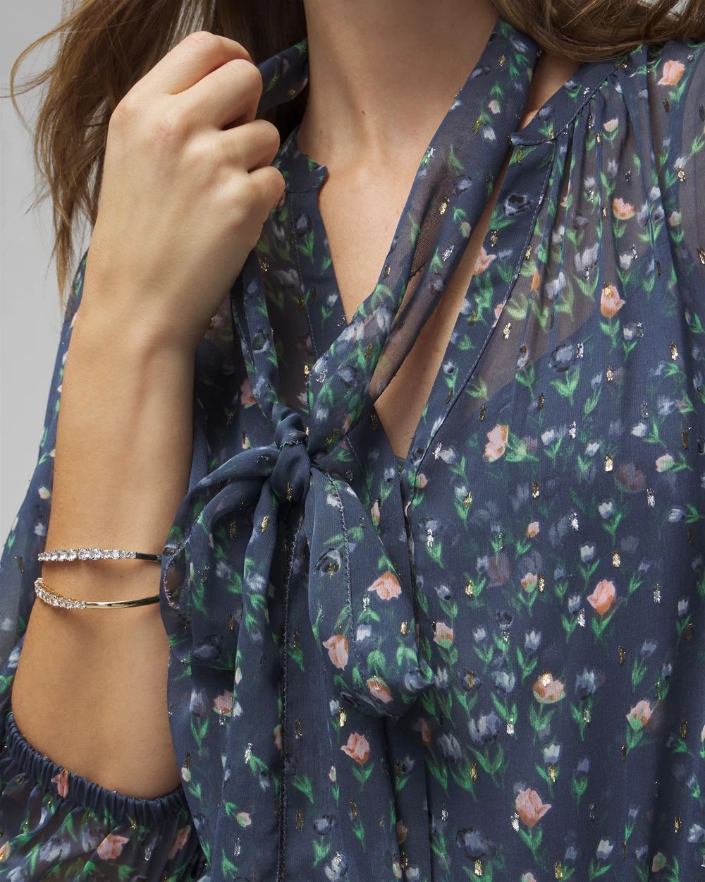 Petite Elbow Sleeve Tie Neck Blouse