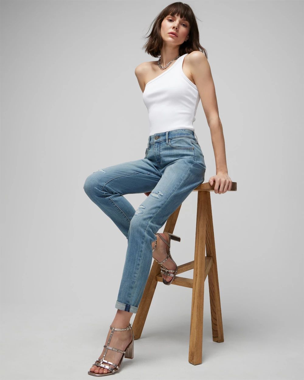 Petite Mid Rise Everyday Soft Denim  Destructed Girlfriend Jeans click to view larger image.