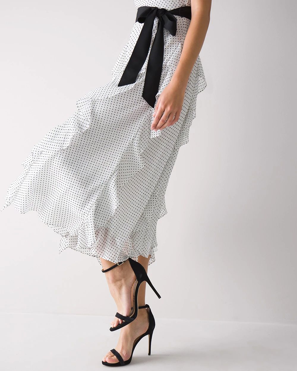 Sleeveless Flock-Dot Ruffled Midi Dress