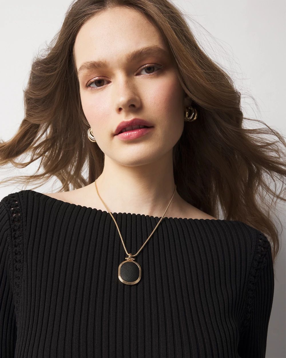 Black Textured Leather Pendant Necklace