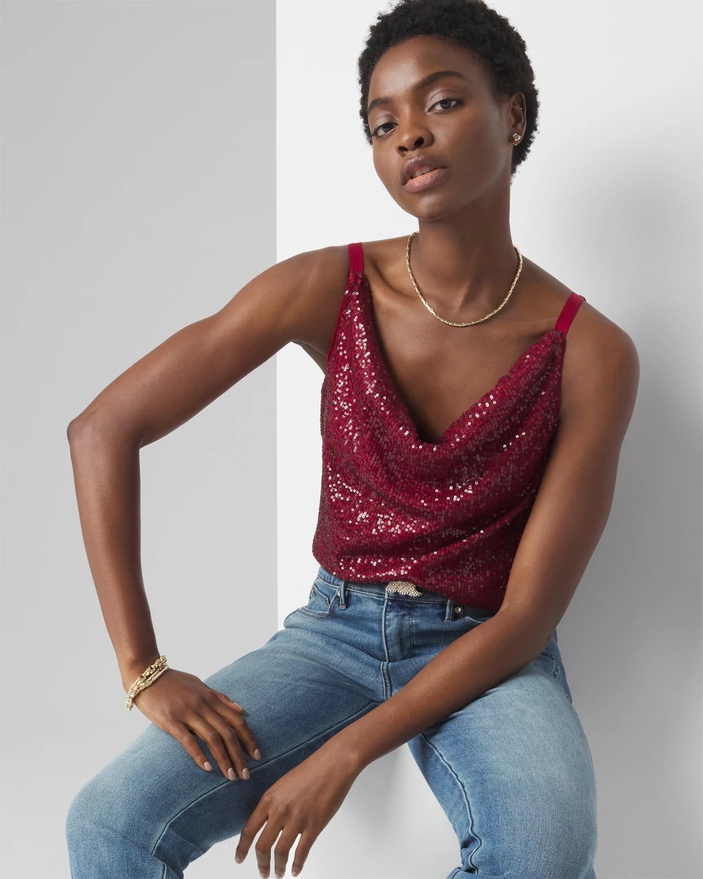 Petite Cowl Neck Sequin Cami