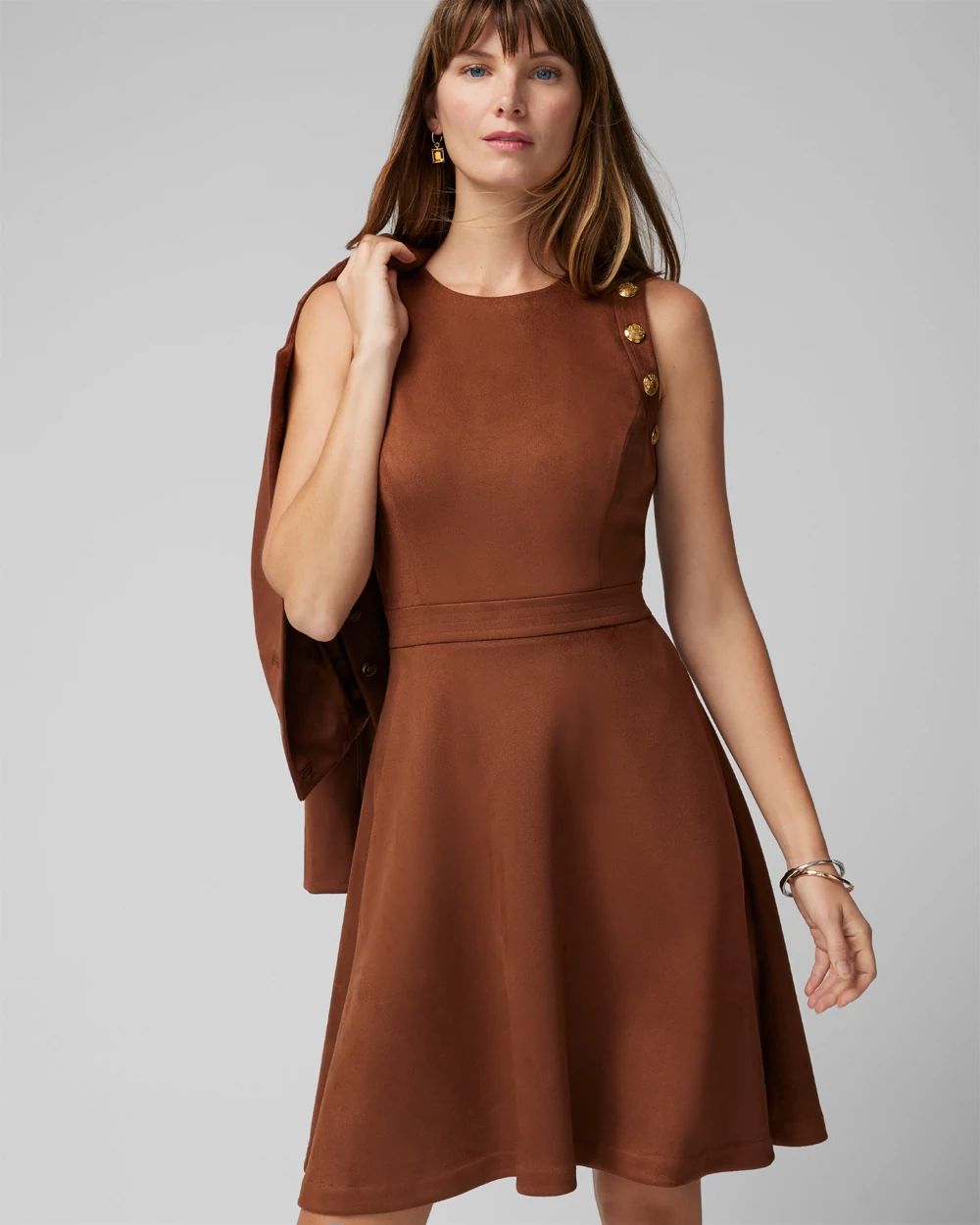 Petite Sleeveless Crest Detail Suede Fit-N-Flare Dress click to view larger image.