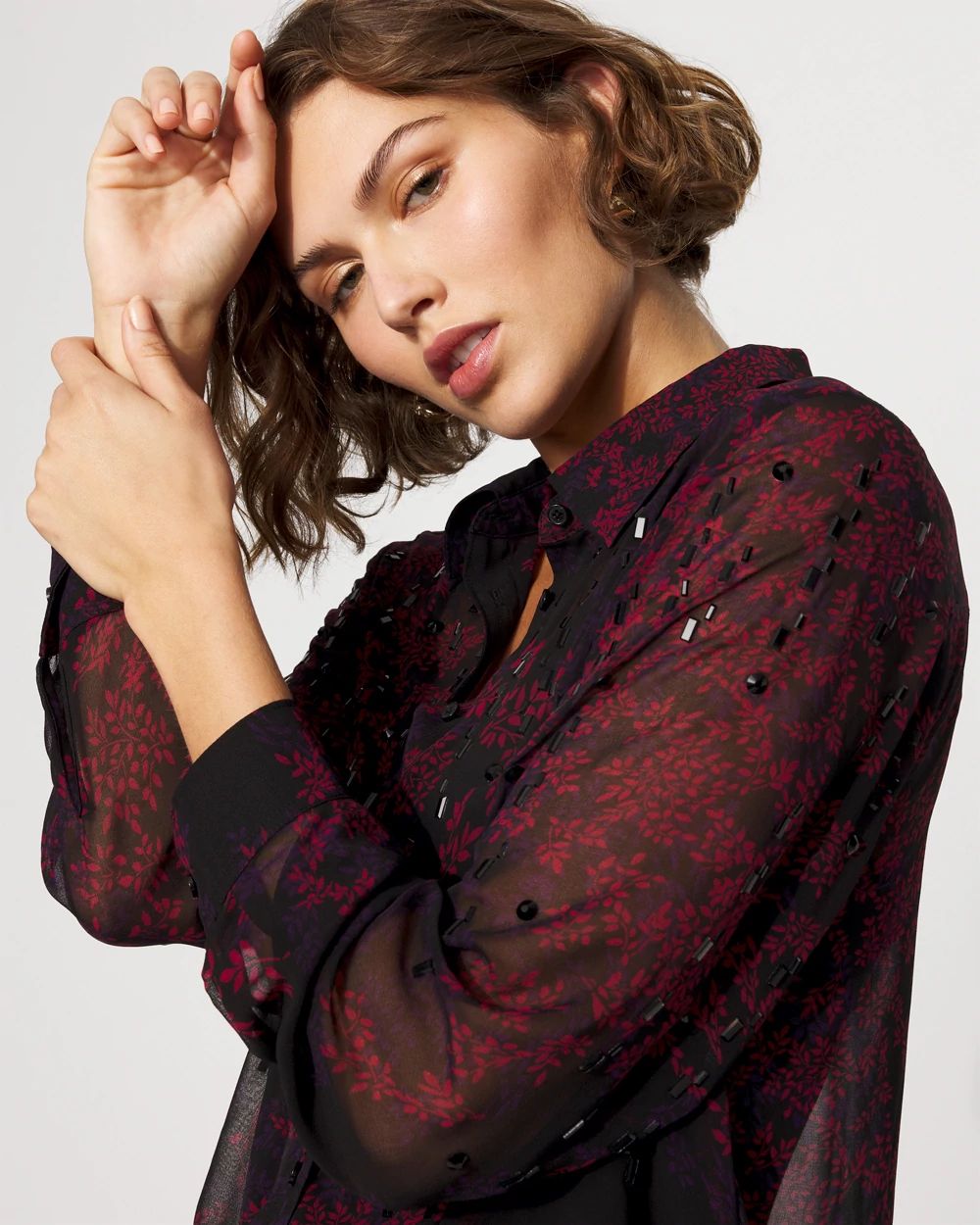 Petite Embellished Sheer Floral Shirt
