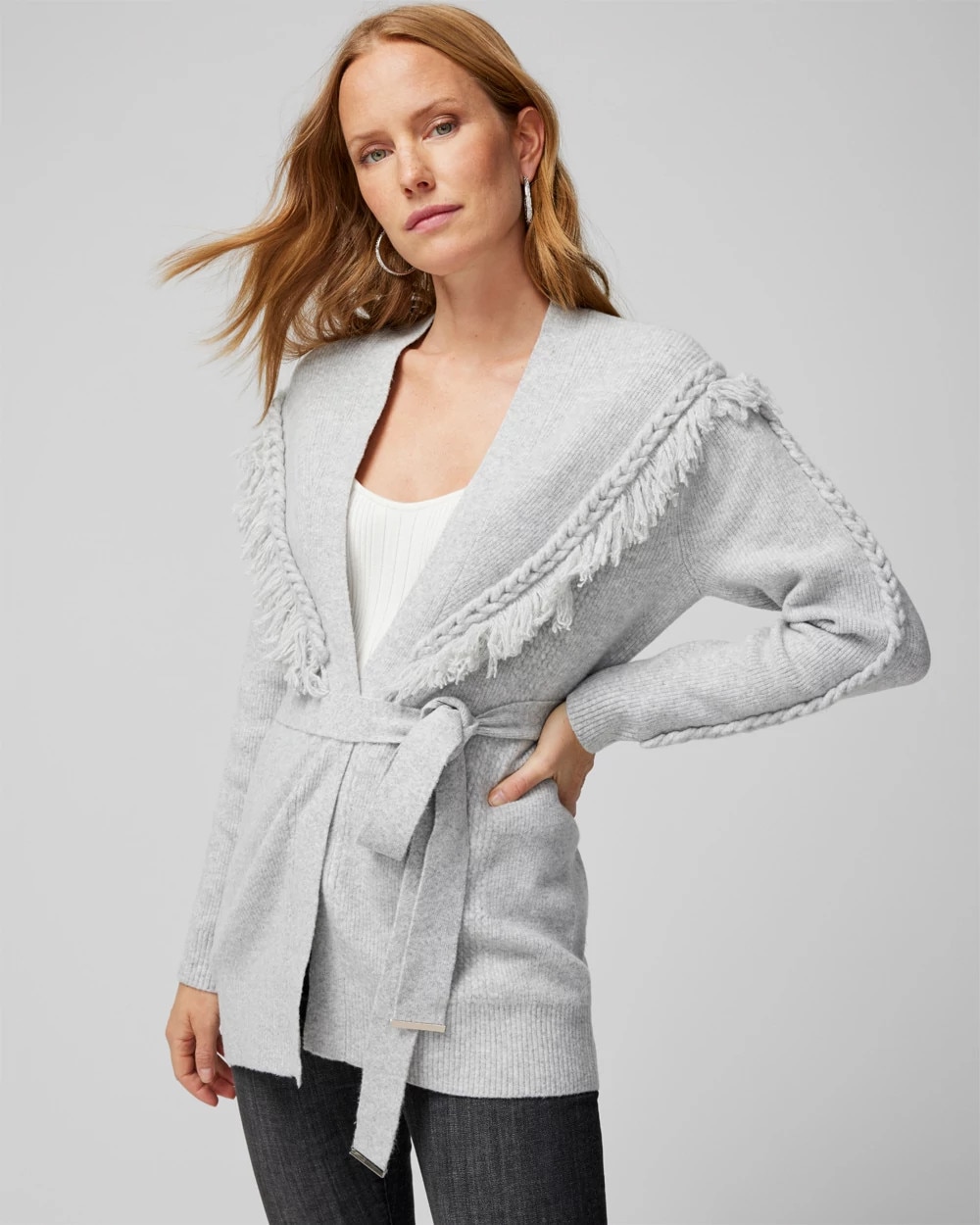 Petite Fringe Belted Cardigan