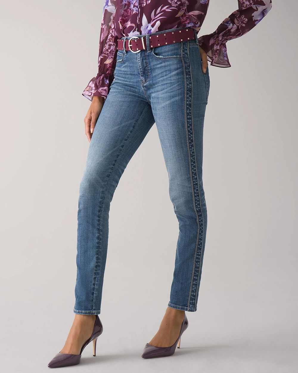 Petite High-Rise Everyday Soft Denim  Novelty Side Stripe Slim Ankle Jeans click to view larger image.