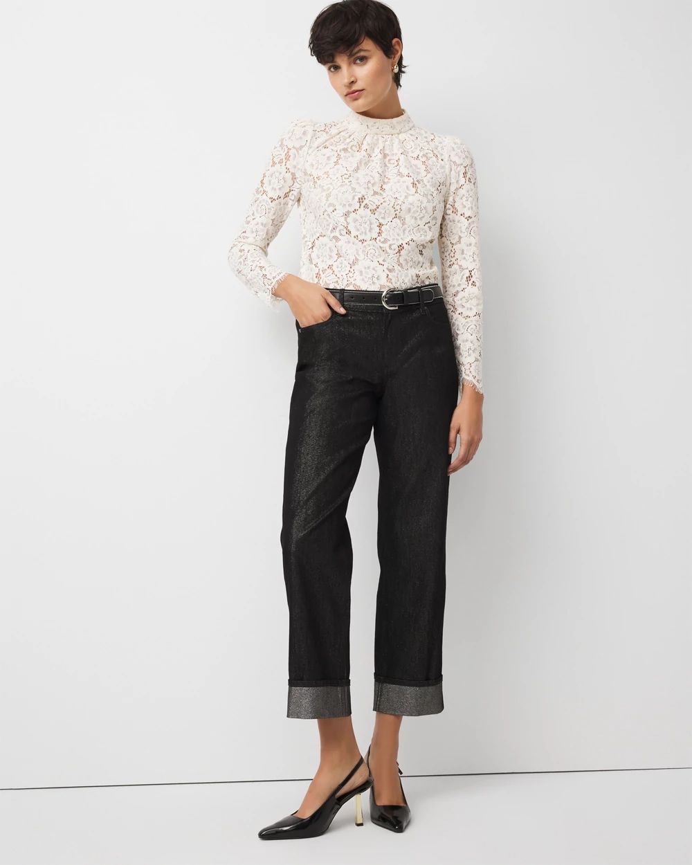 Lurex Mid Rise Straight Ankle Jean