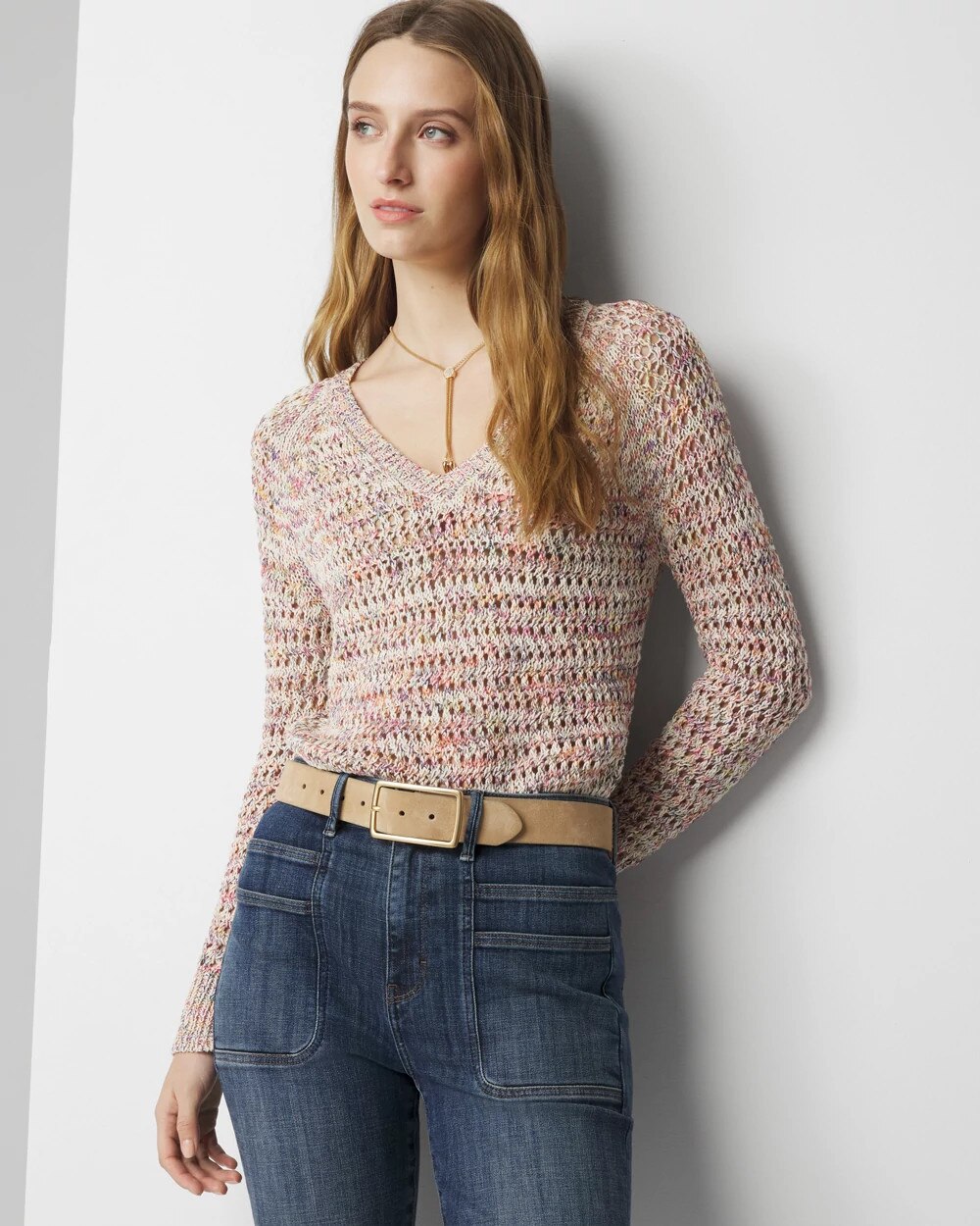Multi-Colored Crochet V-Neck Sweater