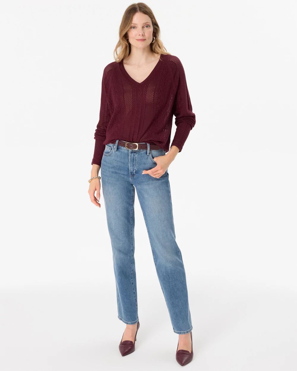 Pointelle V-neck Pullover click to view larger image.