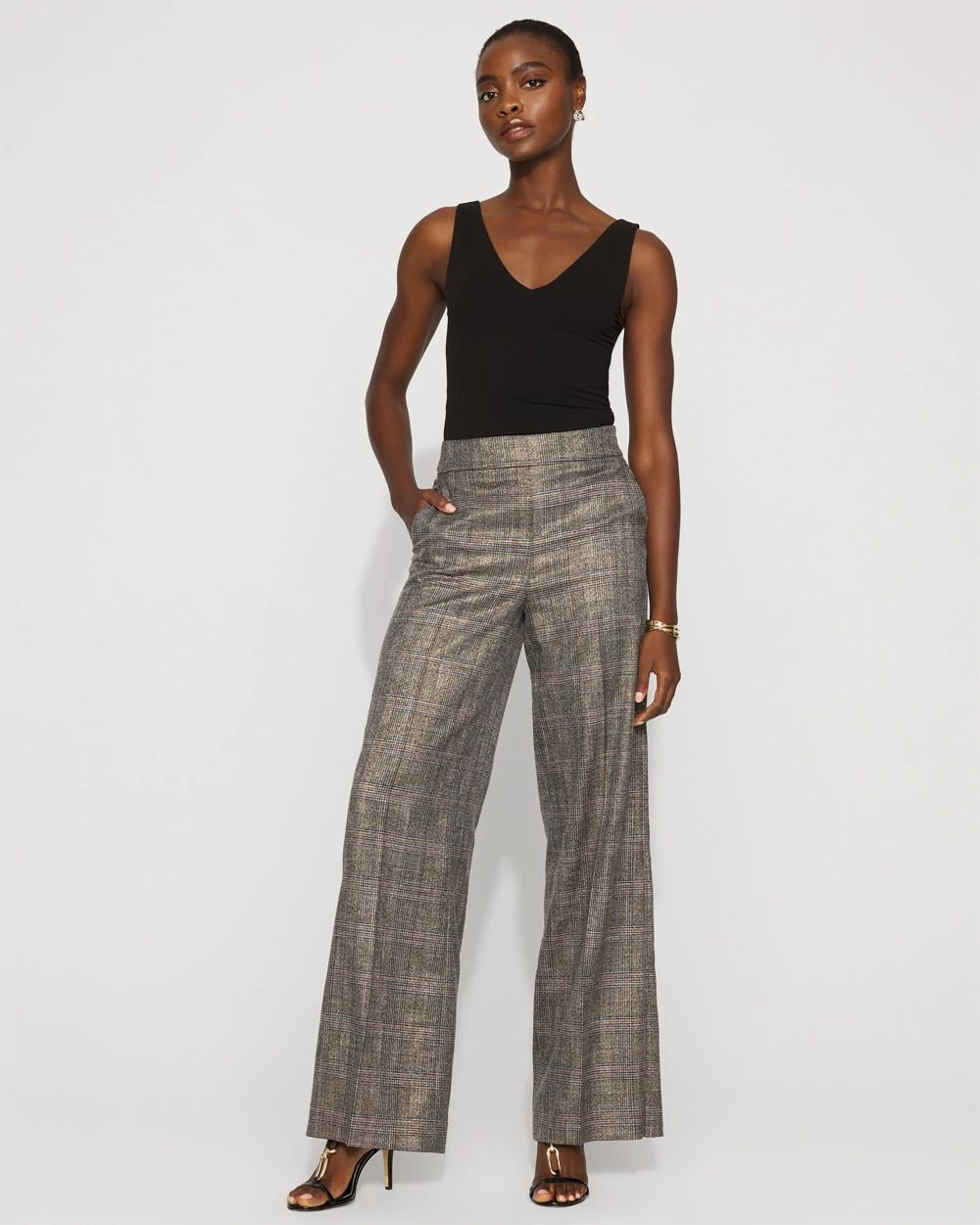 Petite Metallic Plaid Wide Leg Pant