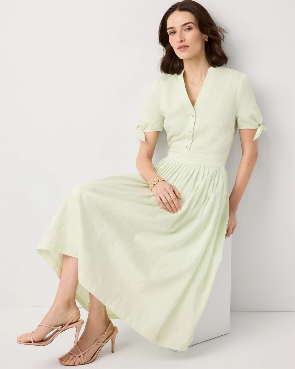 Petite Tie-Sleeve Pleated Midi Dress