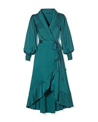 Long Sleeve Satin Ruffle Wrap Dress