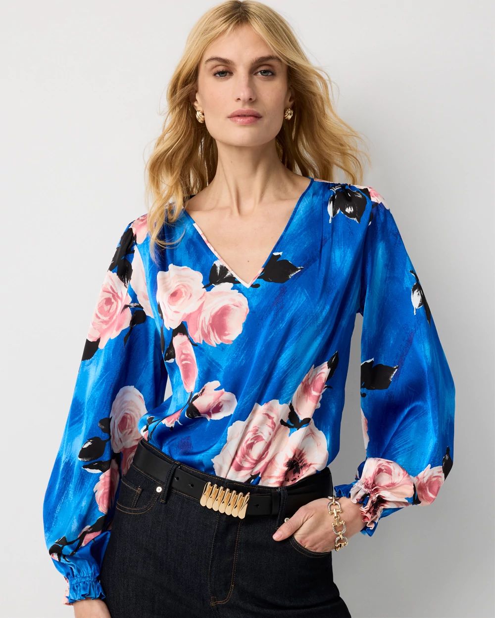Petite Ruffle Cuff Satin Blouse