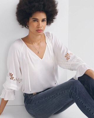 Elbow-Sleeve Embroidered Detail Blouse