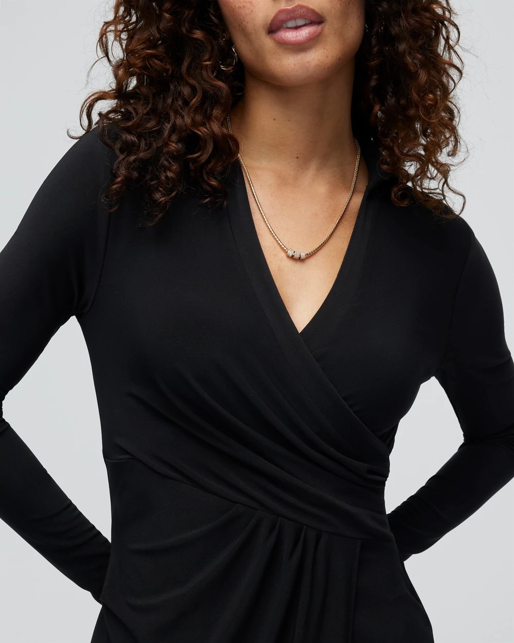 Long Sleeve Matte Jersey Faux Wrap Midi Dress