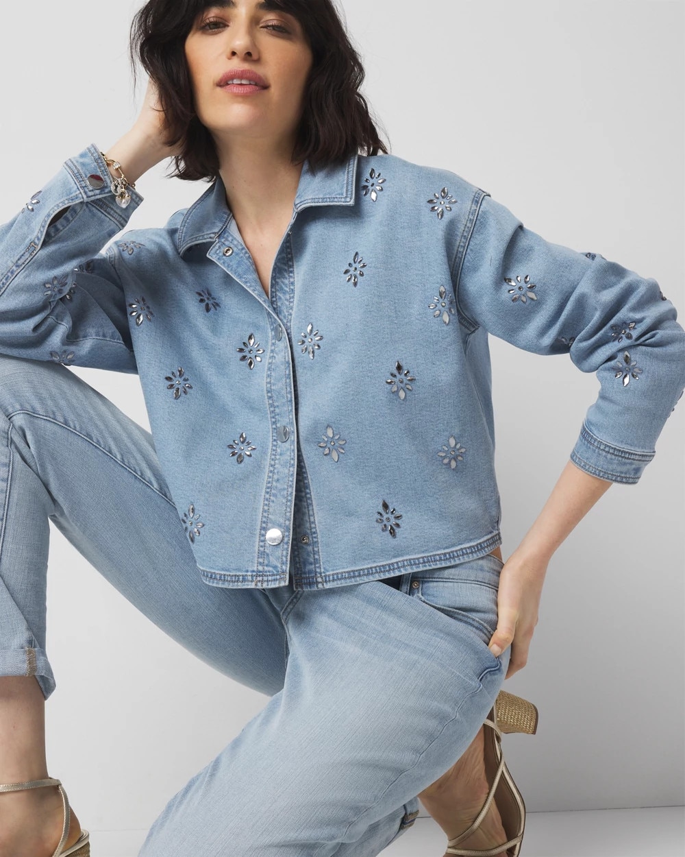 Petite Embellished Denim Shacket