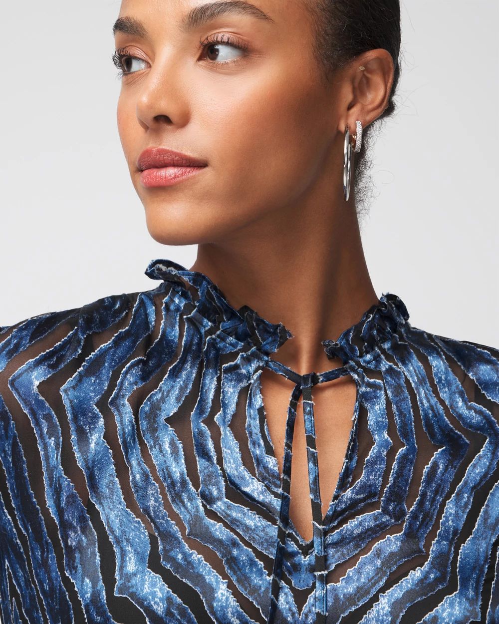 Long Sleeve Silk Burnout Tie Blouse click to view larger image.