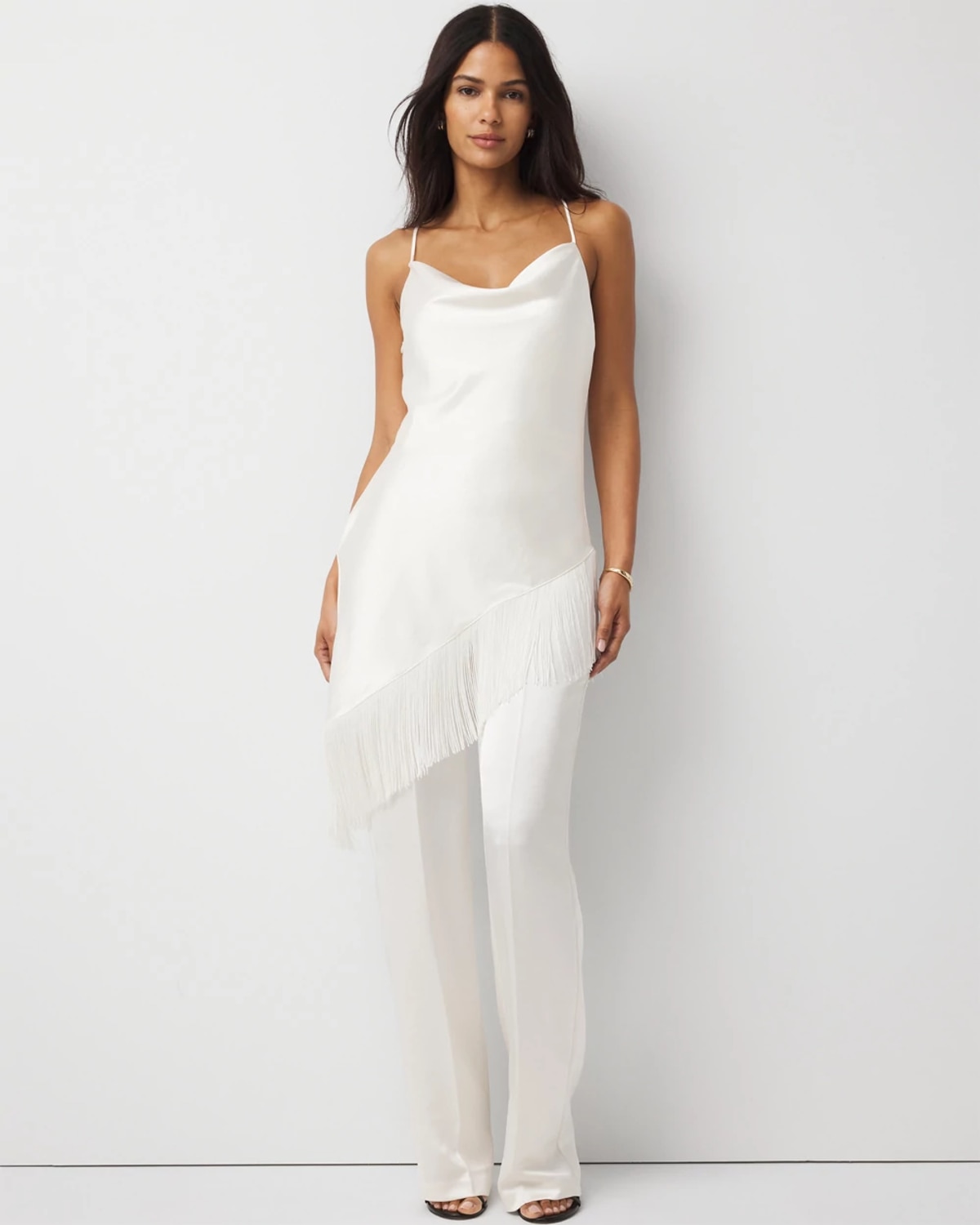 White House Black Market Petite Fringe Satin Jumpsuit In White