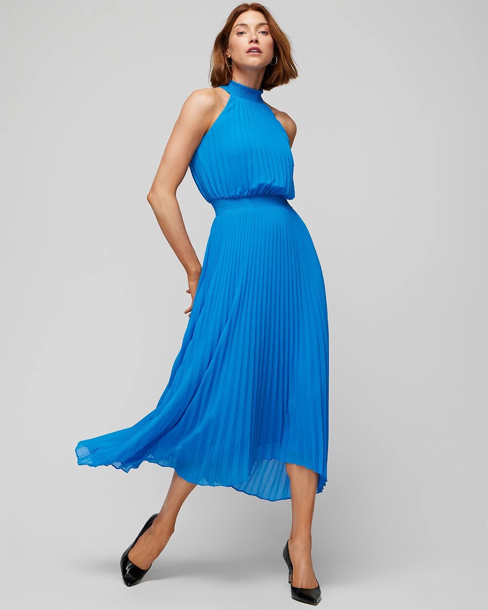 Sleeveless Pleated Halter Midi Dress | White House Black Market