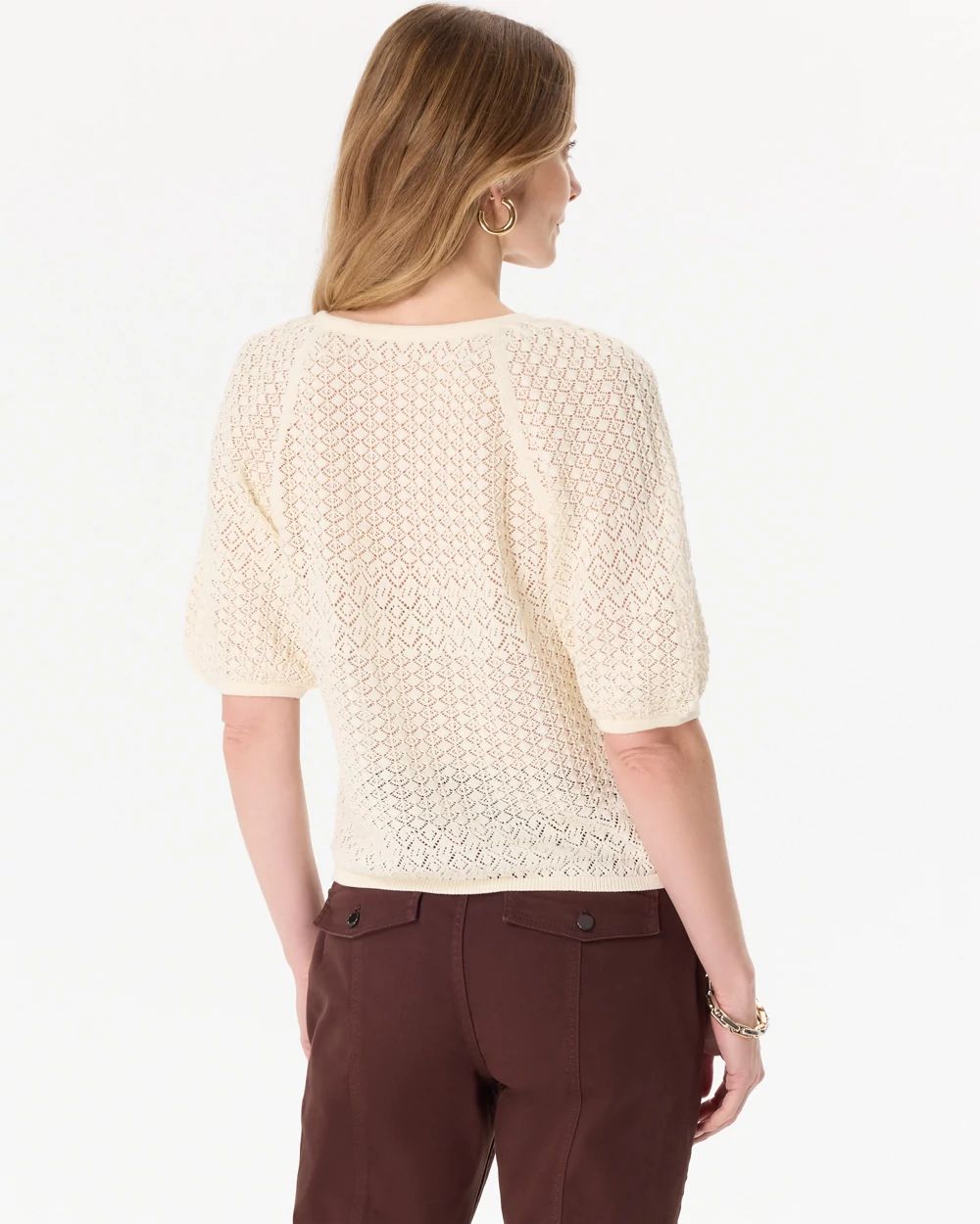 Pointelle Knit Puff Sleeve Pullover click to view larger image.