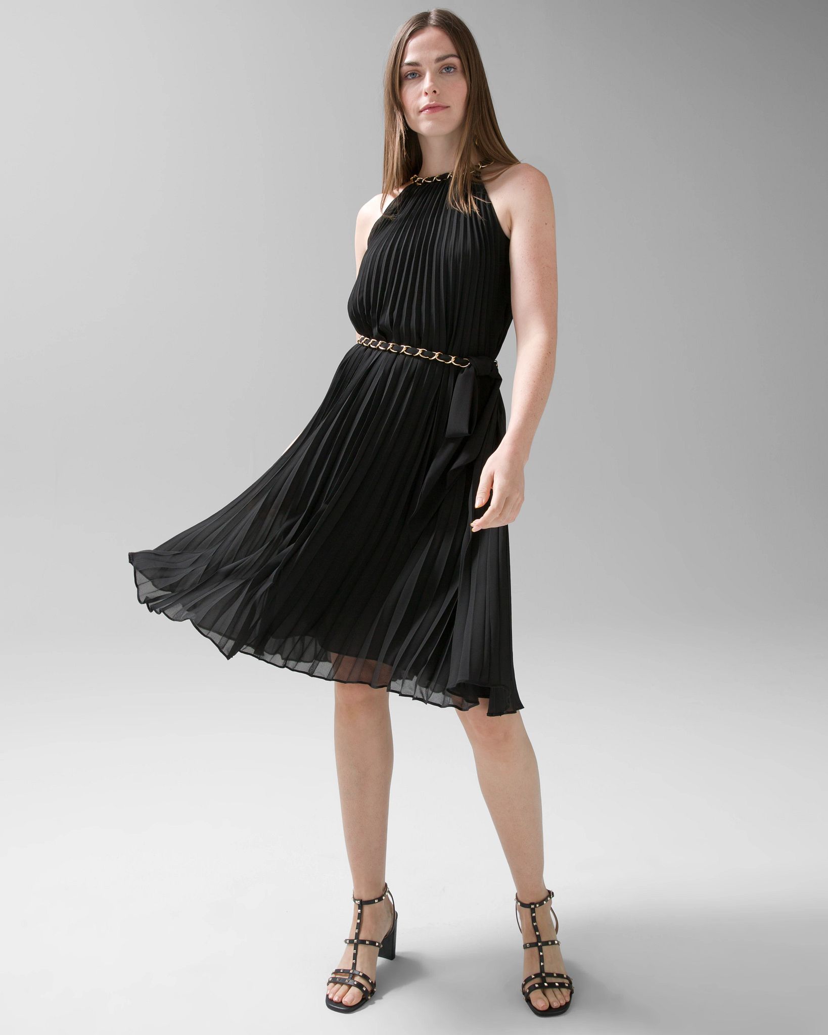Sleeveless Pleated Halter Dress with Chain Detail