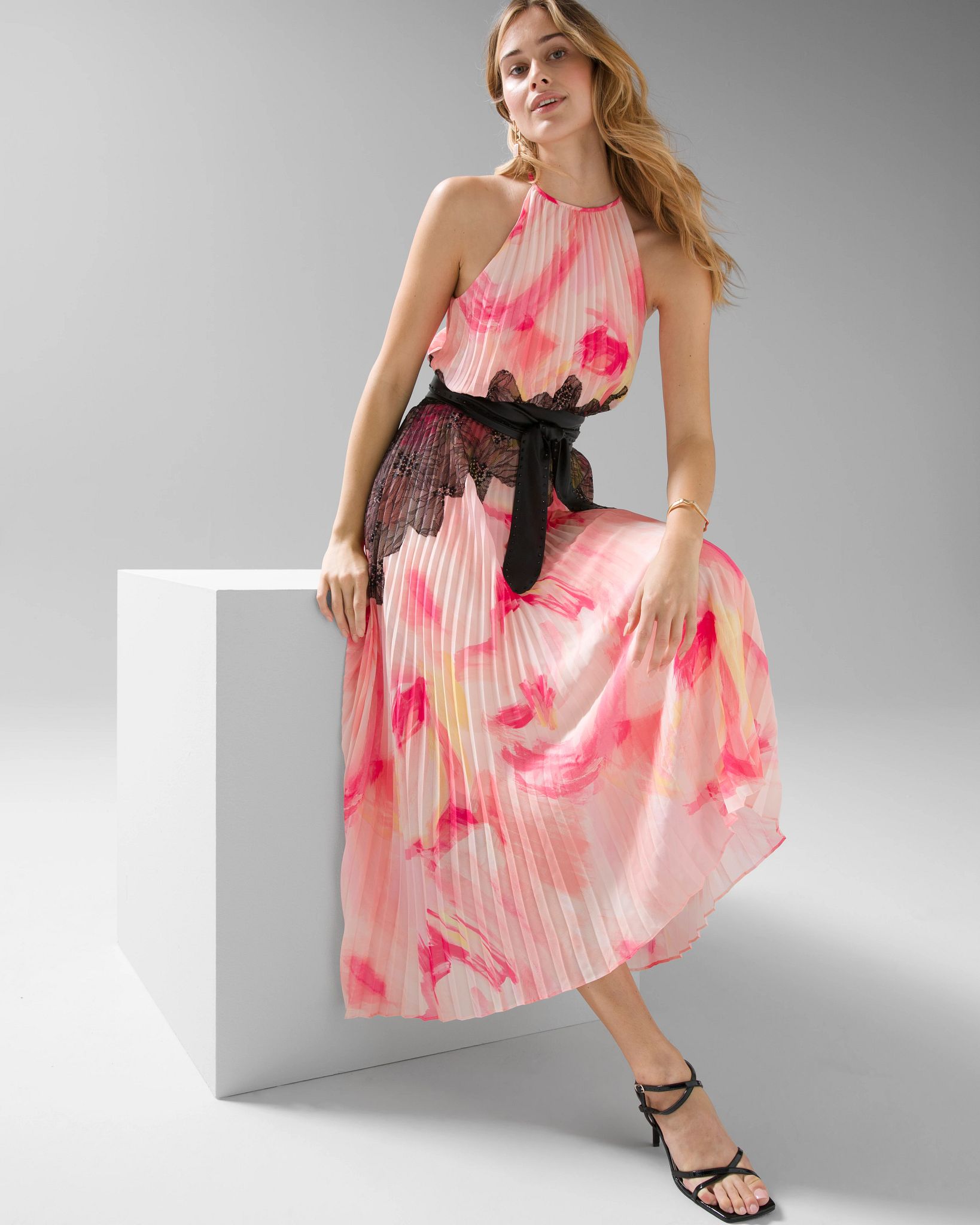 Sleeveless Pleated Halter Dress with Lace Detail