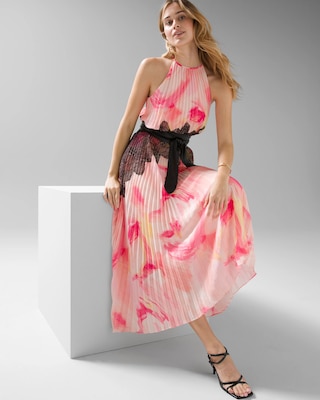 Sleeveless Pleated Halter Dress with Lace Detail click to view larger image.
