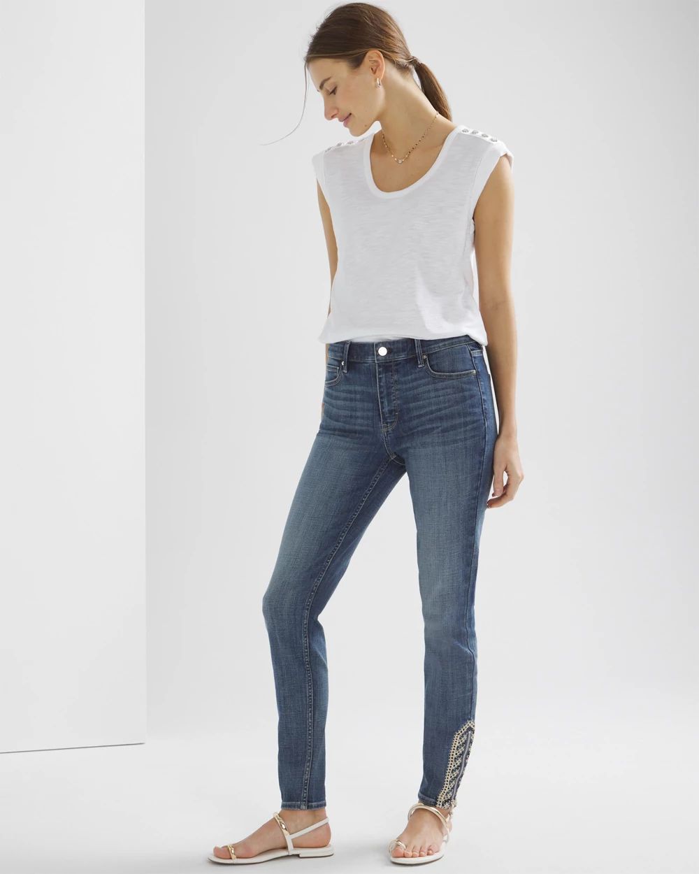 High-Rise Everyday Soft Denim Embellished Hem Skinny Ankle Jeans