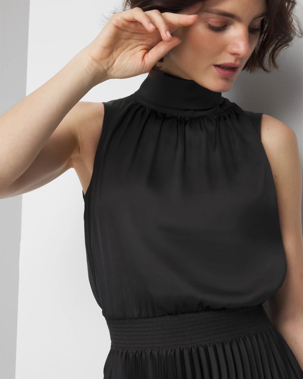 Tie-Neck Pleated Midi Dress