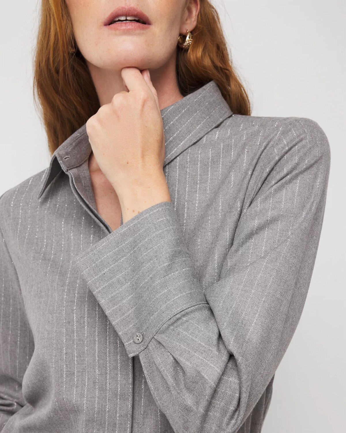 White House Black Market Pinstripe Tuxedo Cuff Shirt In Gray