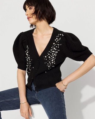 Embellished Puff Sleeve Button-Front Cardigan click to view larger image.