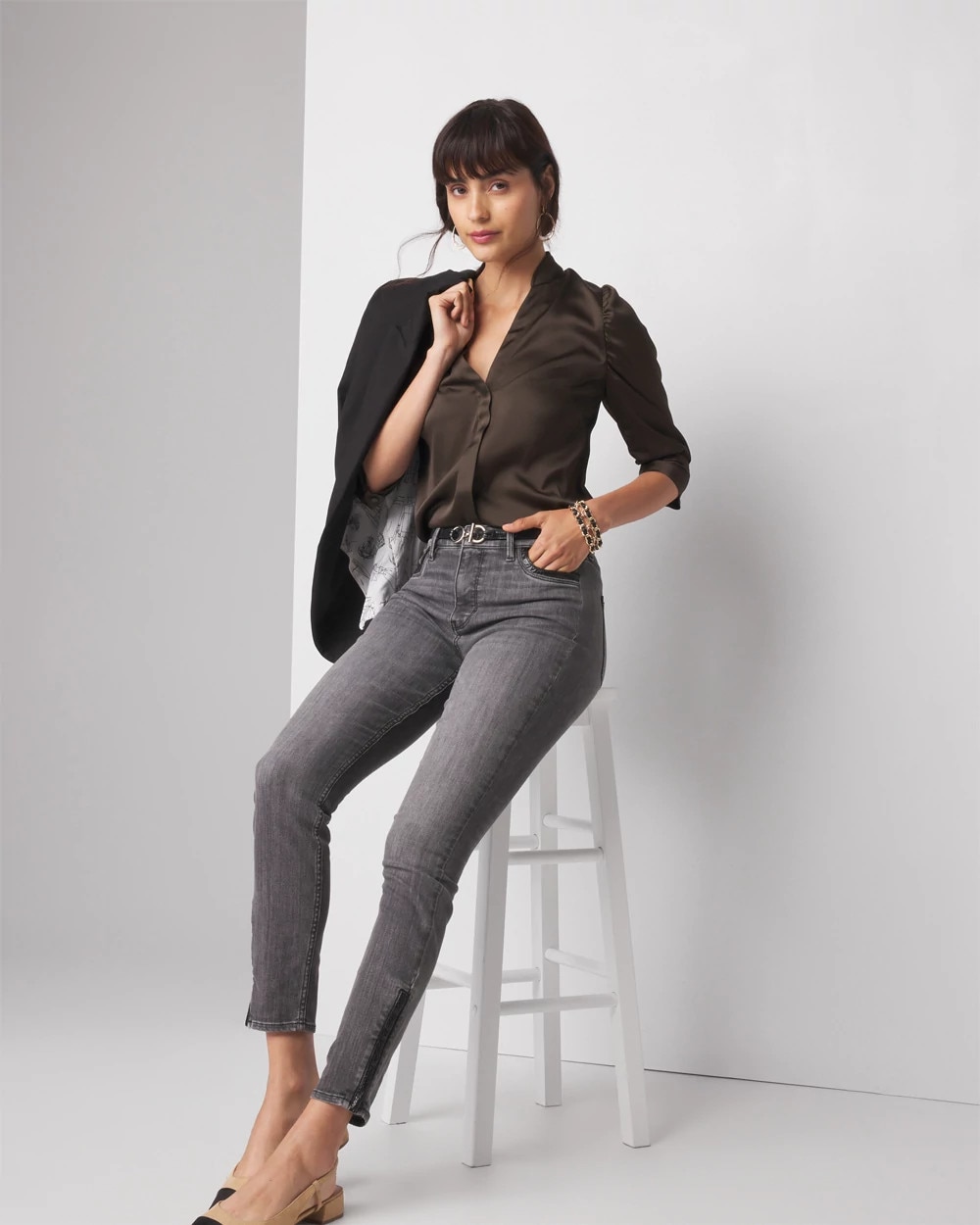 Ruched Sleeve Y-Neck Shirt