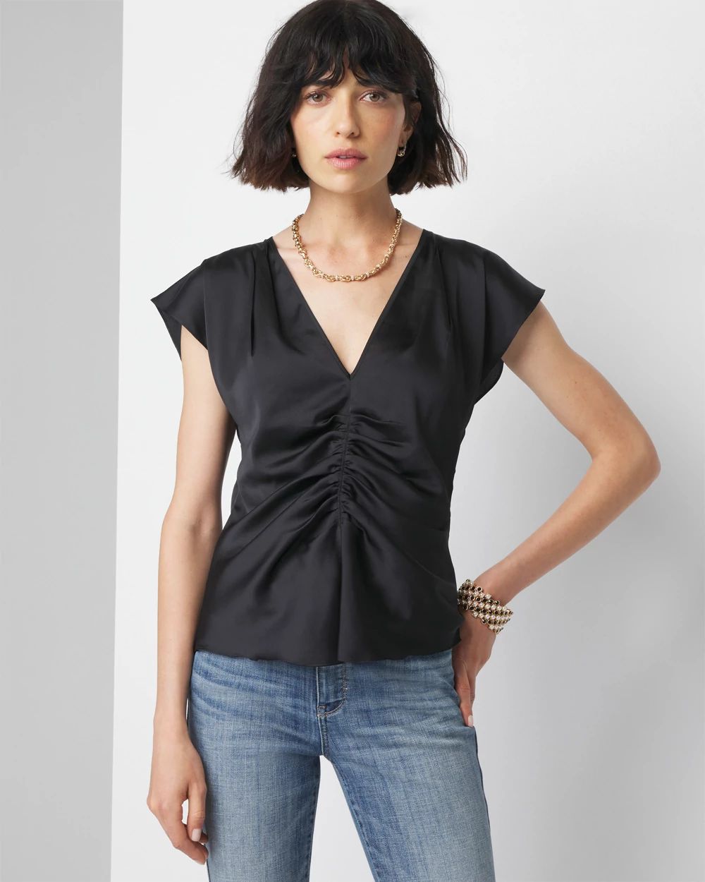 Petite Ruched Front Flutter Sleeve Shell Top