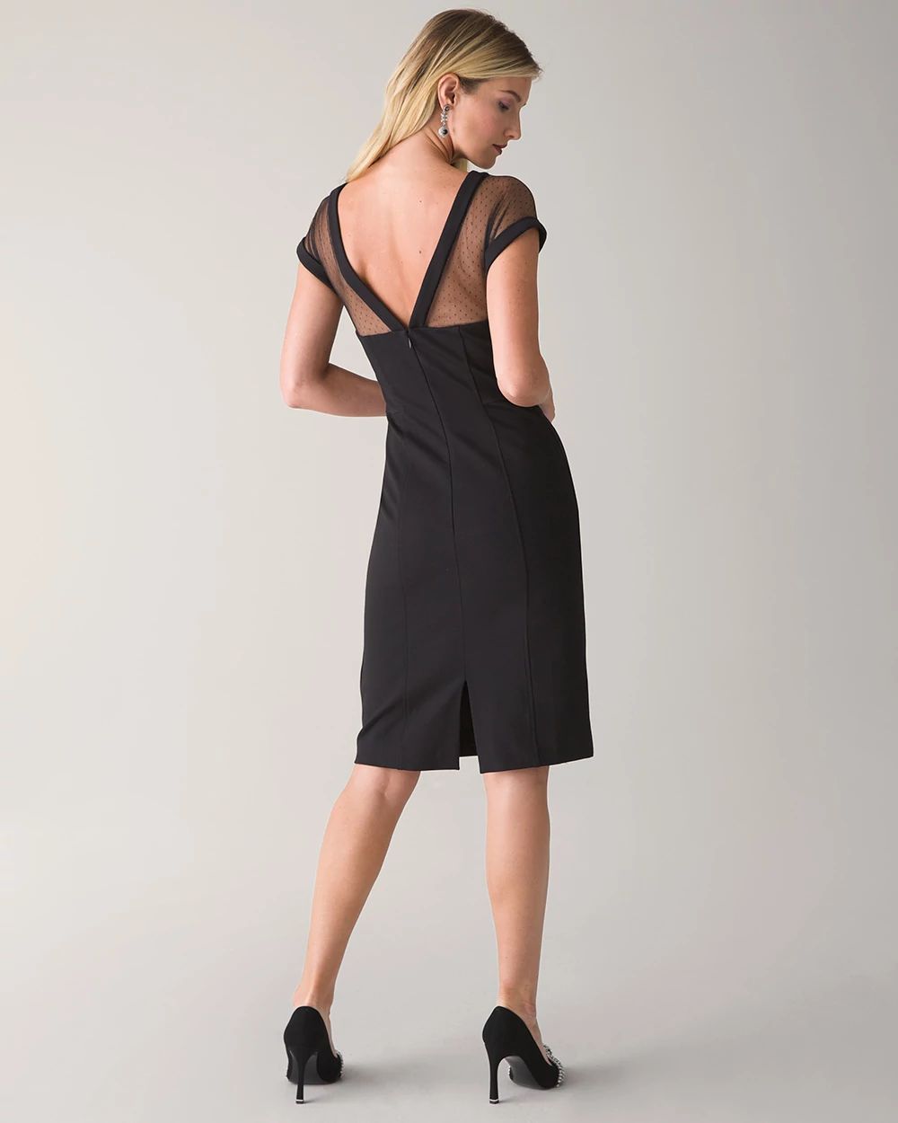 Petite Swiss Dot & Mesh Neckline Black Dress