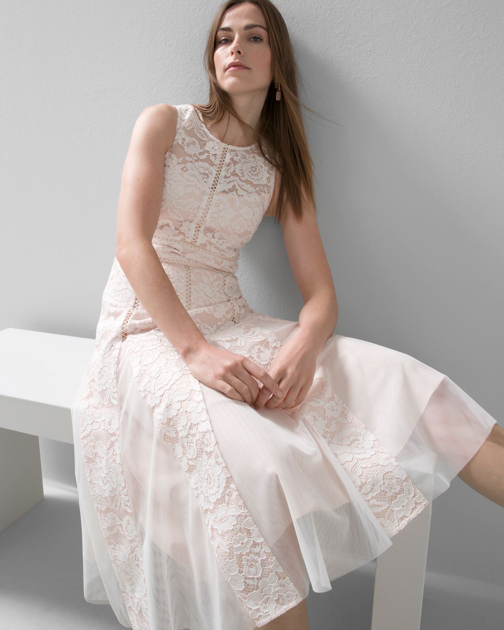 Sleeveless All-Over Lace Fit-and-Flare Godet Dress click to view larger image.