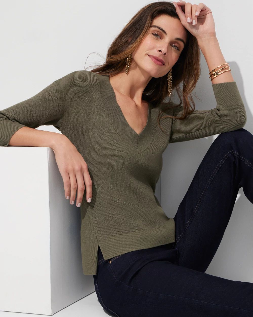 Outlet WHBM Long Sleeve V-Neck Stitch Pullover