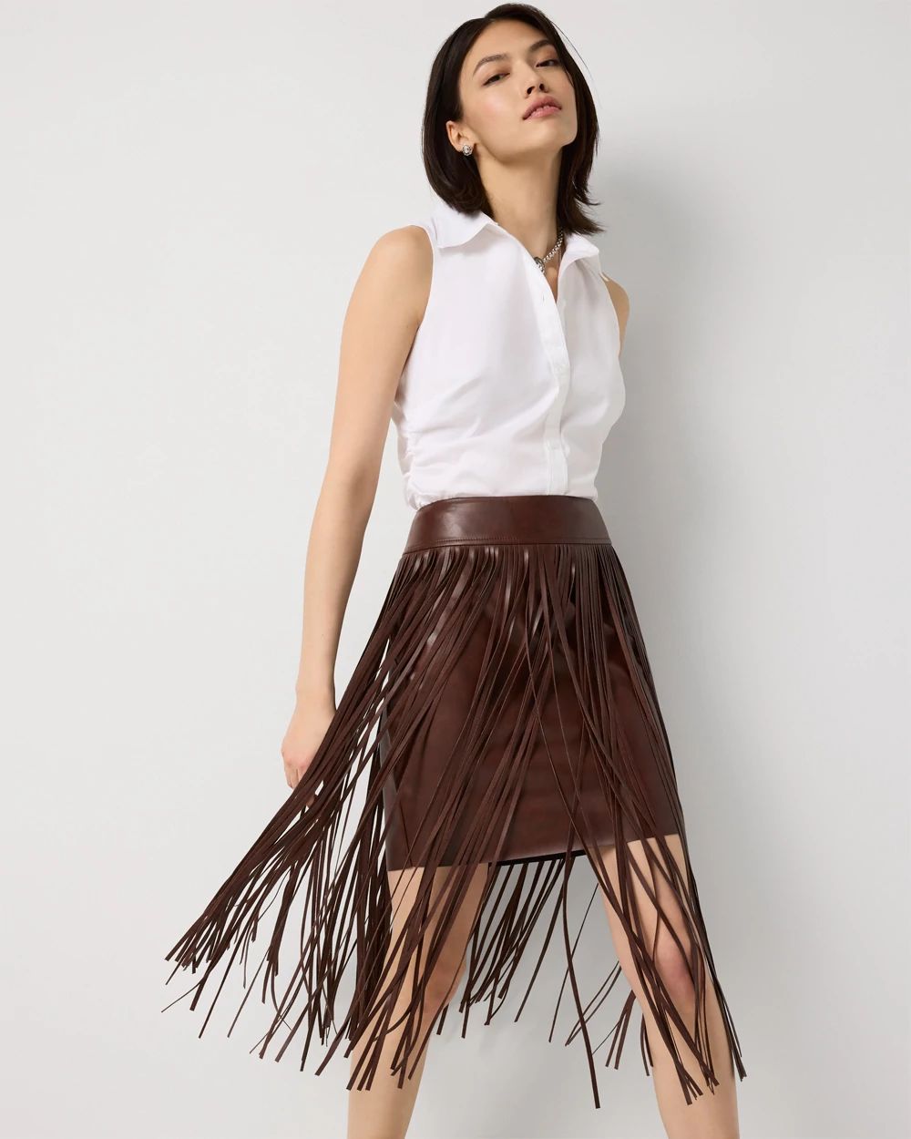 Petite Fringe Faux Leather Skirt