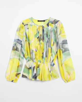 Long Sleeve V-Neck Pleated Chiffon Blouse